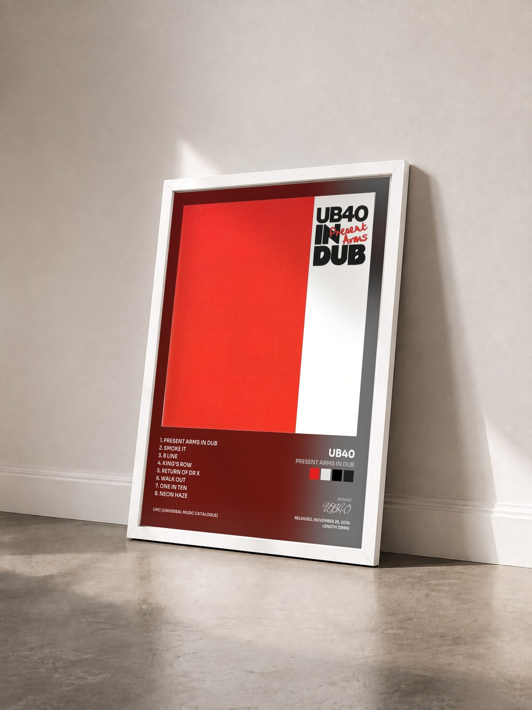 #blanc Tableau de l'album Present Arms In Dub de UB40 vu de trois quarts, cadre blanc