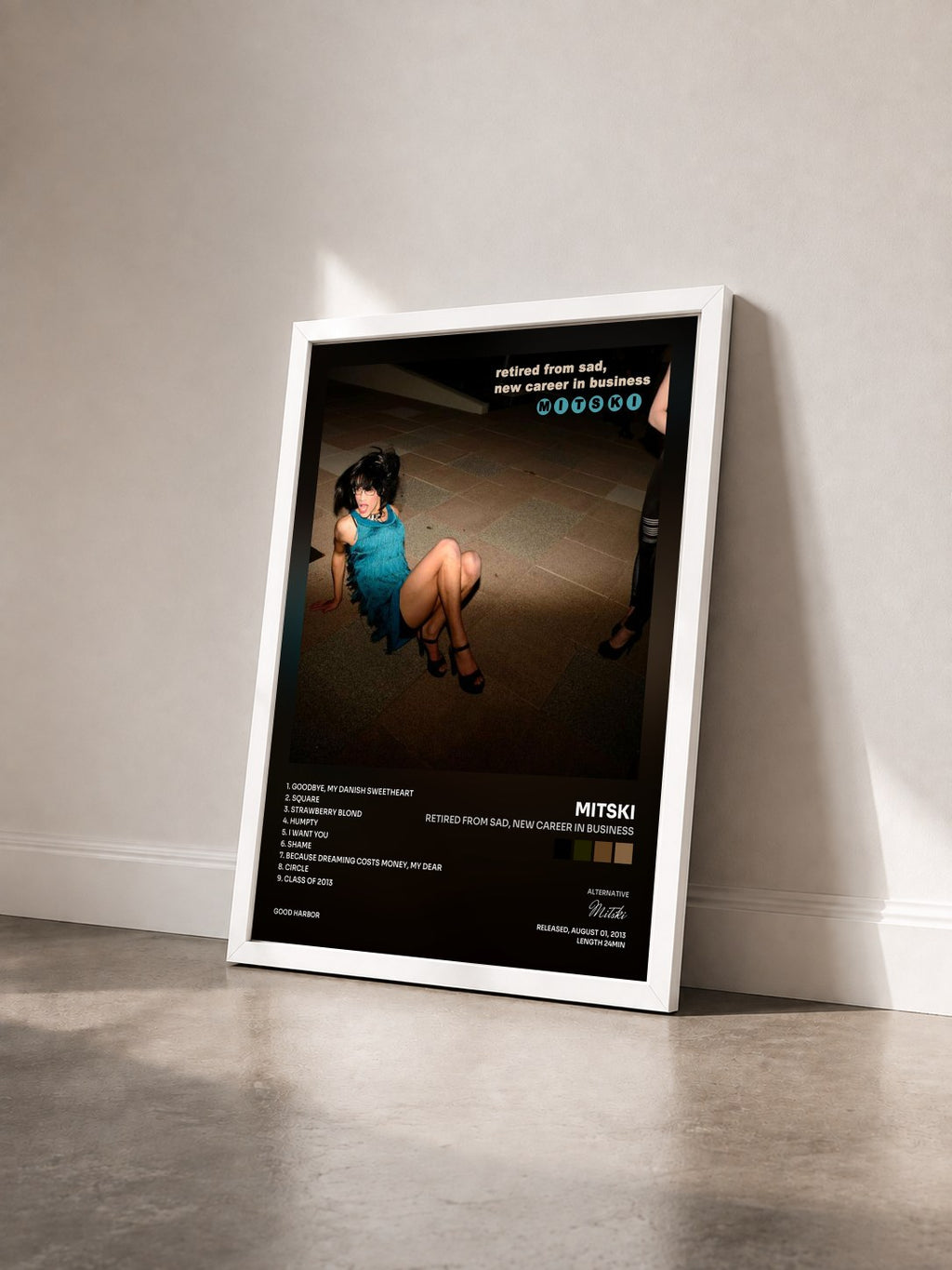 #blanc Retired from Sad, New Career in Business by Mitski as a framed art print seen at an angle, white frame