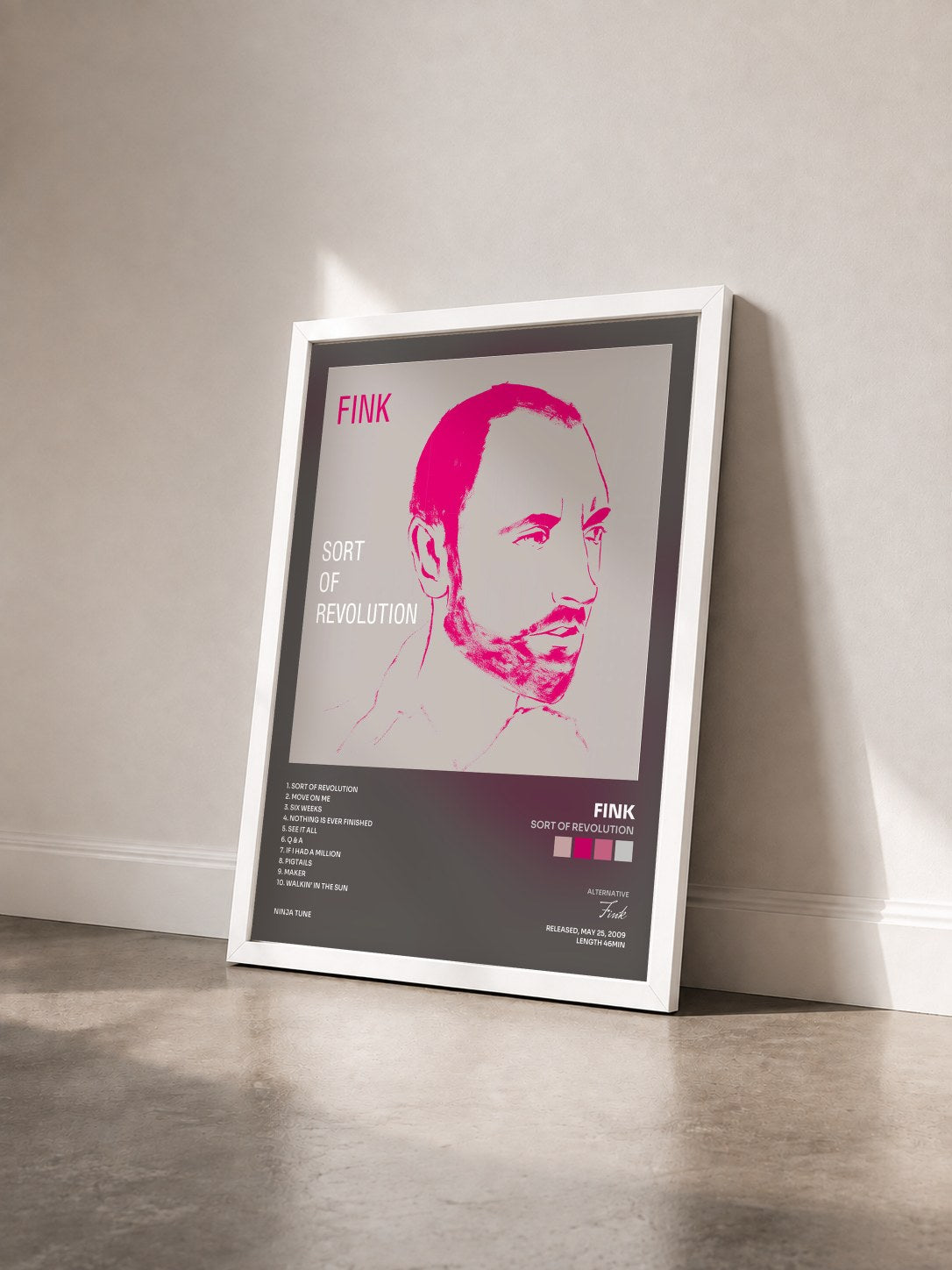 #blanc Tableau de l'album Sort of Revolution de Fink vu de trois quarts, cadre blanc