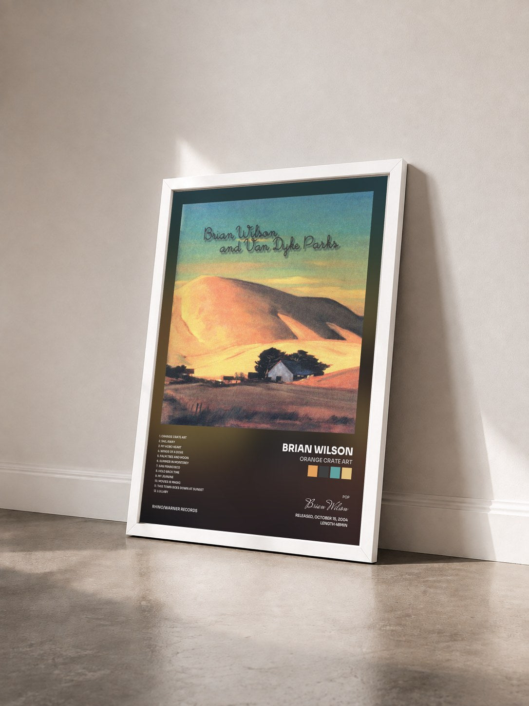 #blanc Tableau de l'album Orange Crate Art de Brian Wilson vu de trois quarts, cadre blanc
