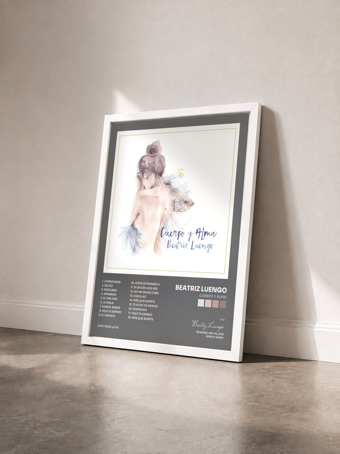 #blanc Tableau de l'album Cuerpo y Alma de Beatriz Luengo vu de trois quarts, cadre blanc