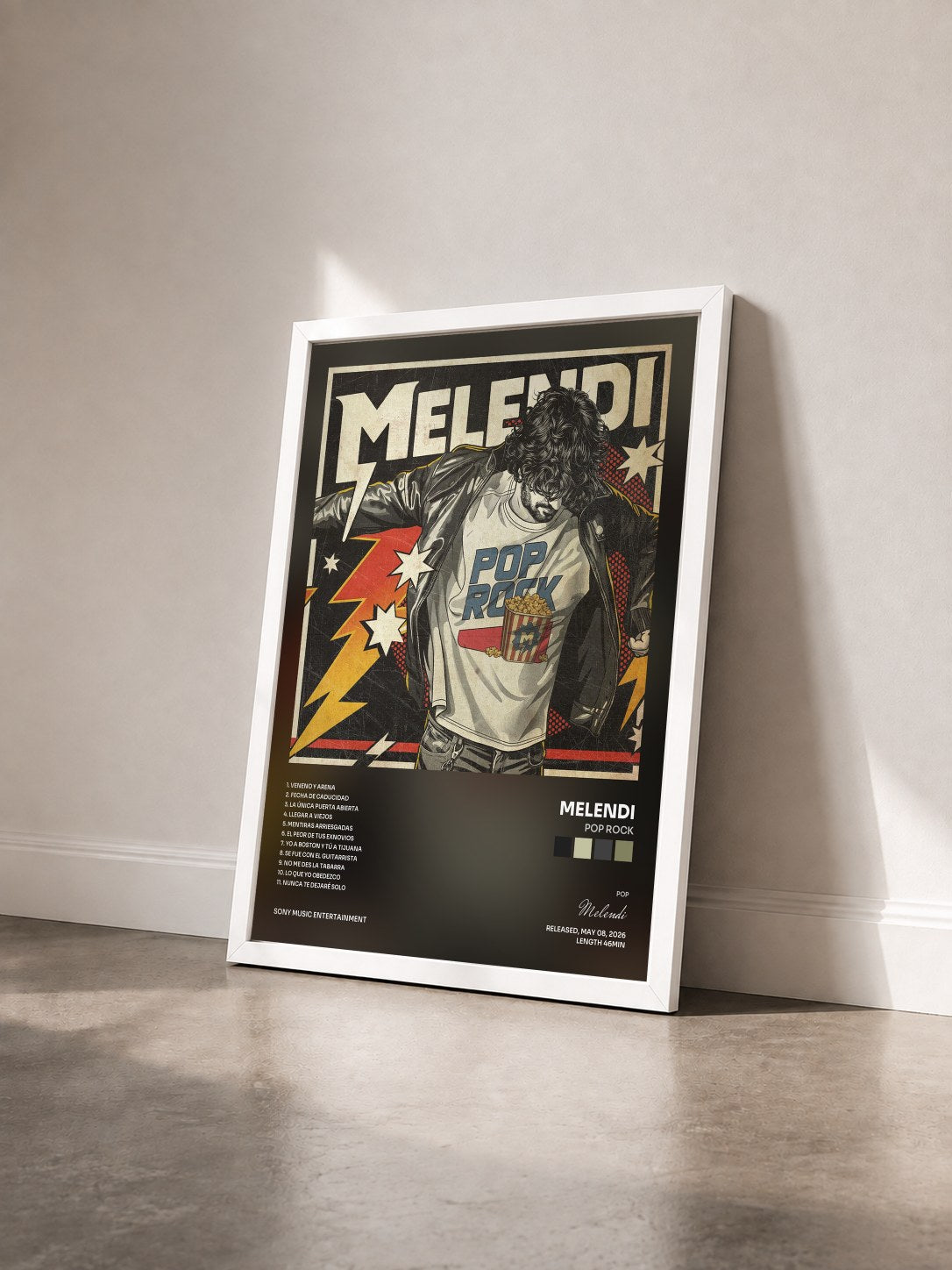#blanc Tableau de l'album Pop Rock de Melendi vu de trois quarts, cadre blanc