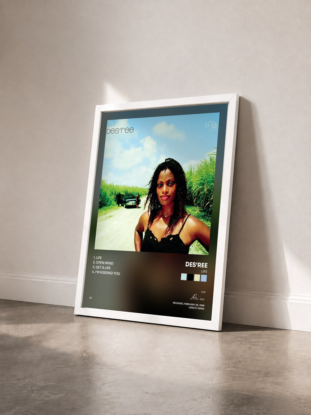 #blanc Tableau de l'album Life de Des'ree vu de trois quarts, cadre blanc