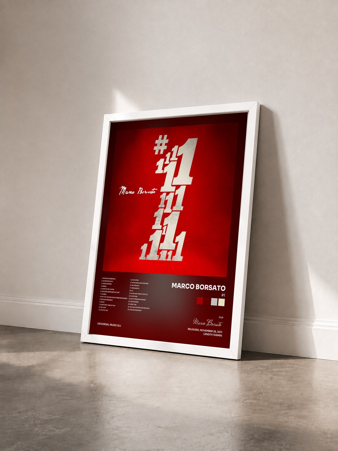 #blanc Tableau de l'album #1 de Marco Borsato vu de trois quarts, cadre blanc