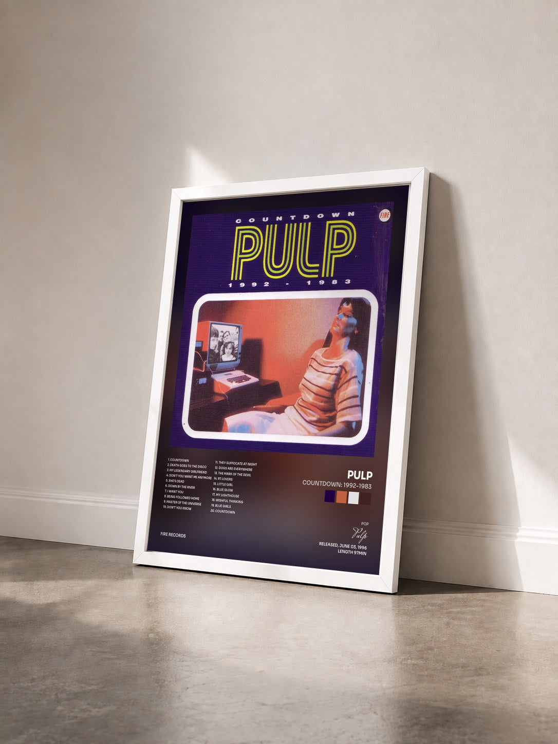 #blanc Tableau de l'album Countdown: 1992-1983 de Pulp vu de trois quarts, cadre blanc