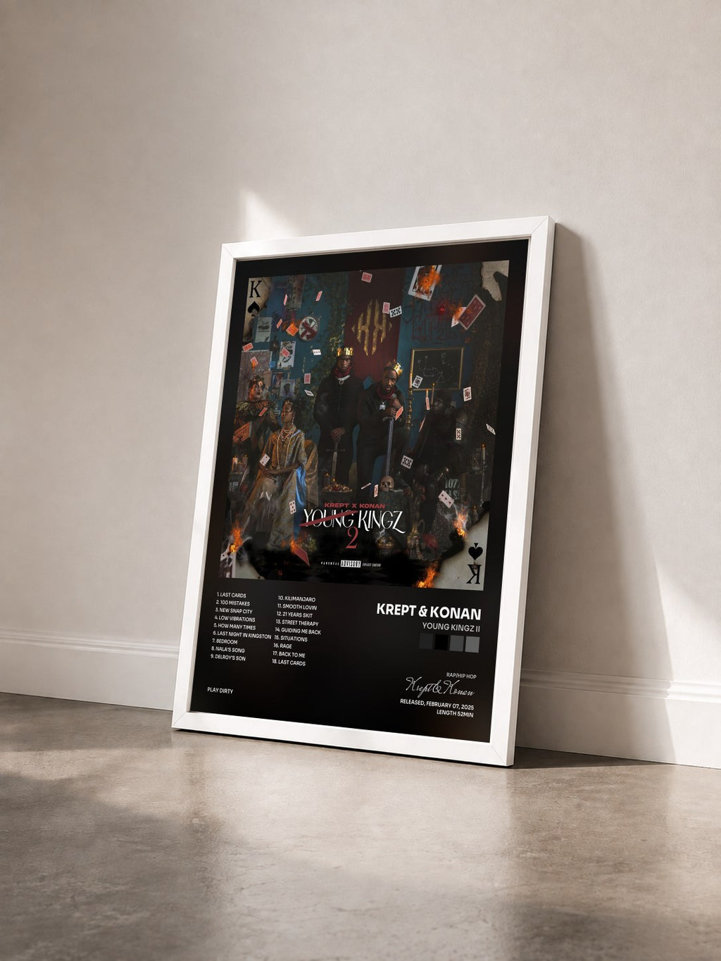 #blanc Young Kingz II by Krept & Konan as a framed art print seen at an angle, white frame