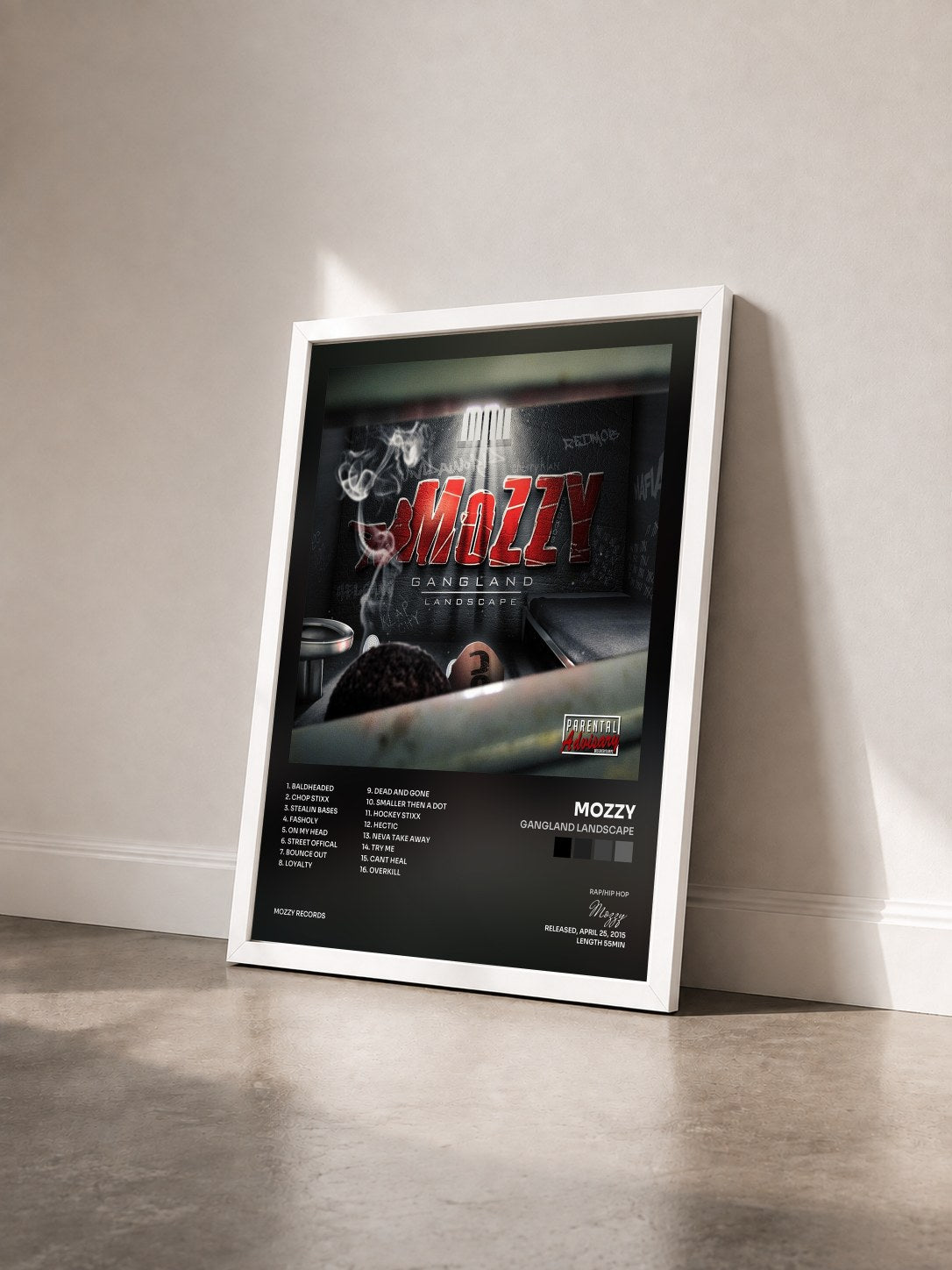 #blanc Tableau de l'album Gangland Landscape de Mozzy vu de trois quarts, cadre blanc