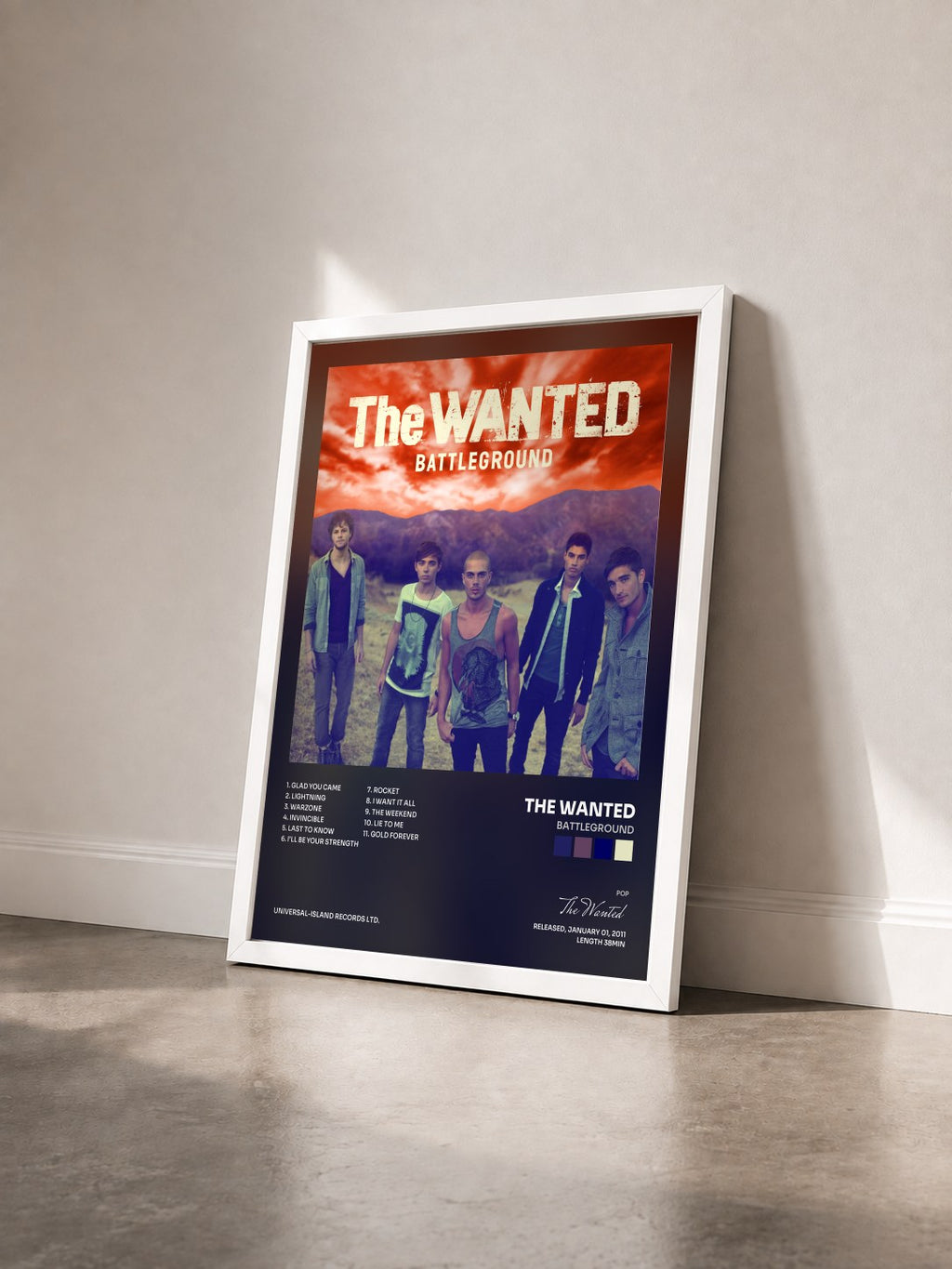 #blanc Tableau de l'album Battleground de The Wanted vu de trois quarts, cadre blanc