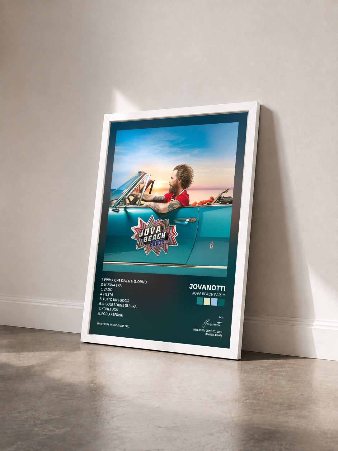 #blanc Tableau de l'album Jova Beach Party de Jovanotti vu de trois quarts, cadre blanc