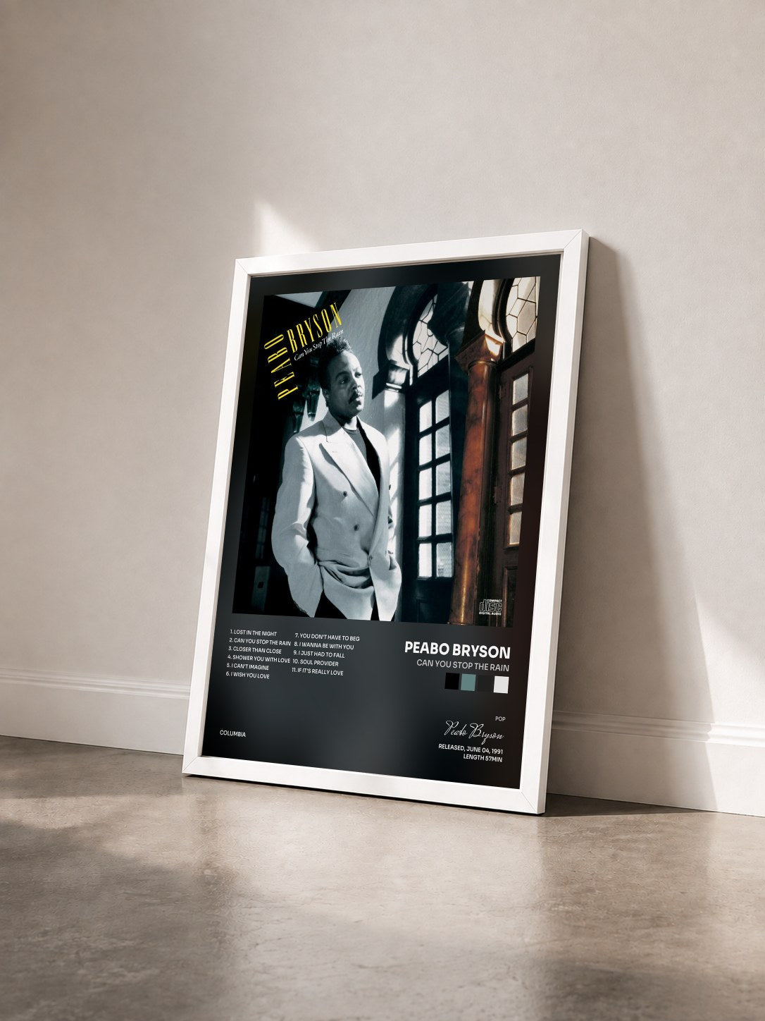 #blanc Tableau de l'album Can You Stop The Rain de Peabo Bryson vu de trois quarts, cadre blanc