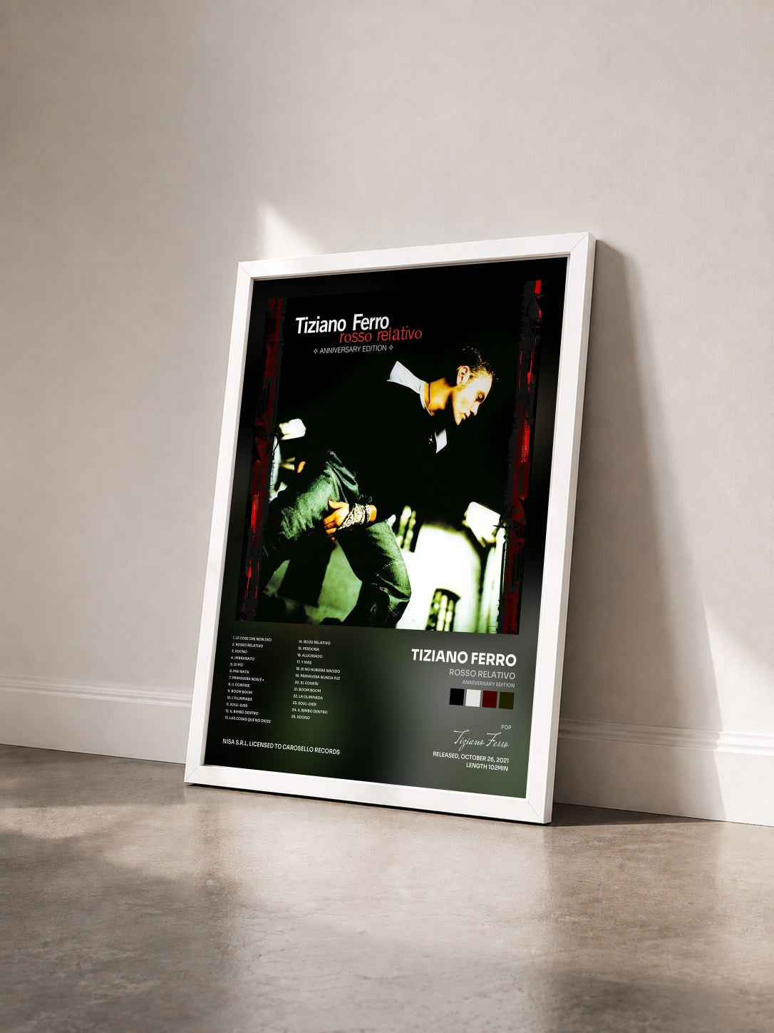 #blanc Tableau de l'album Rosso Relativo (Anniversary Edition) de Tiziano Ferro vu de trois quarts, cadre blanc