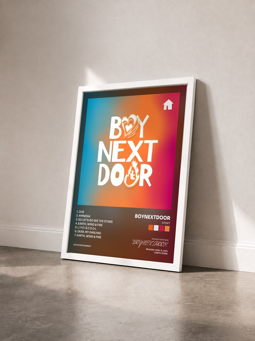 #blanc Tableau de l'album HOW? de BOYNEXTDOOR vu de trois quarts, cadre blanc