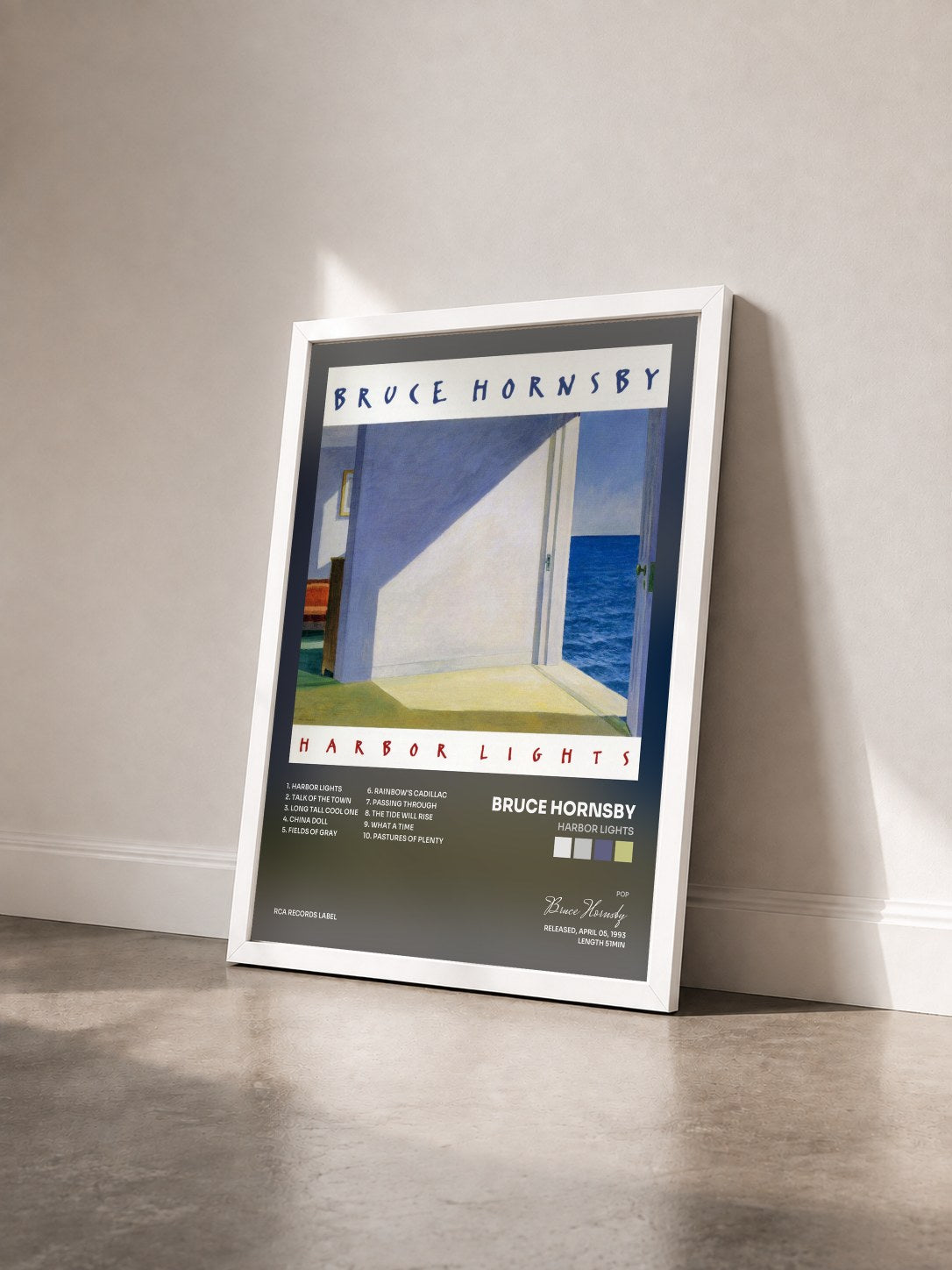 #blanc Tableau de l'album Harbor Lights de Bruce Hornsby vu de trois quarts, cadre blanc