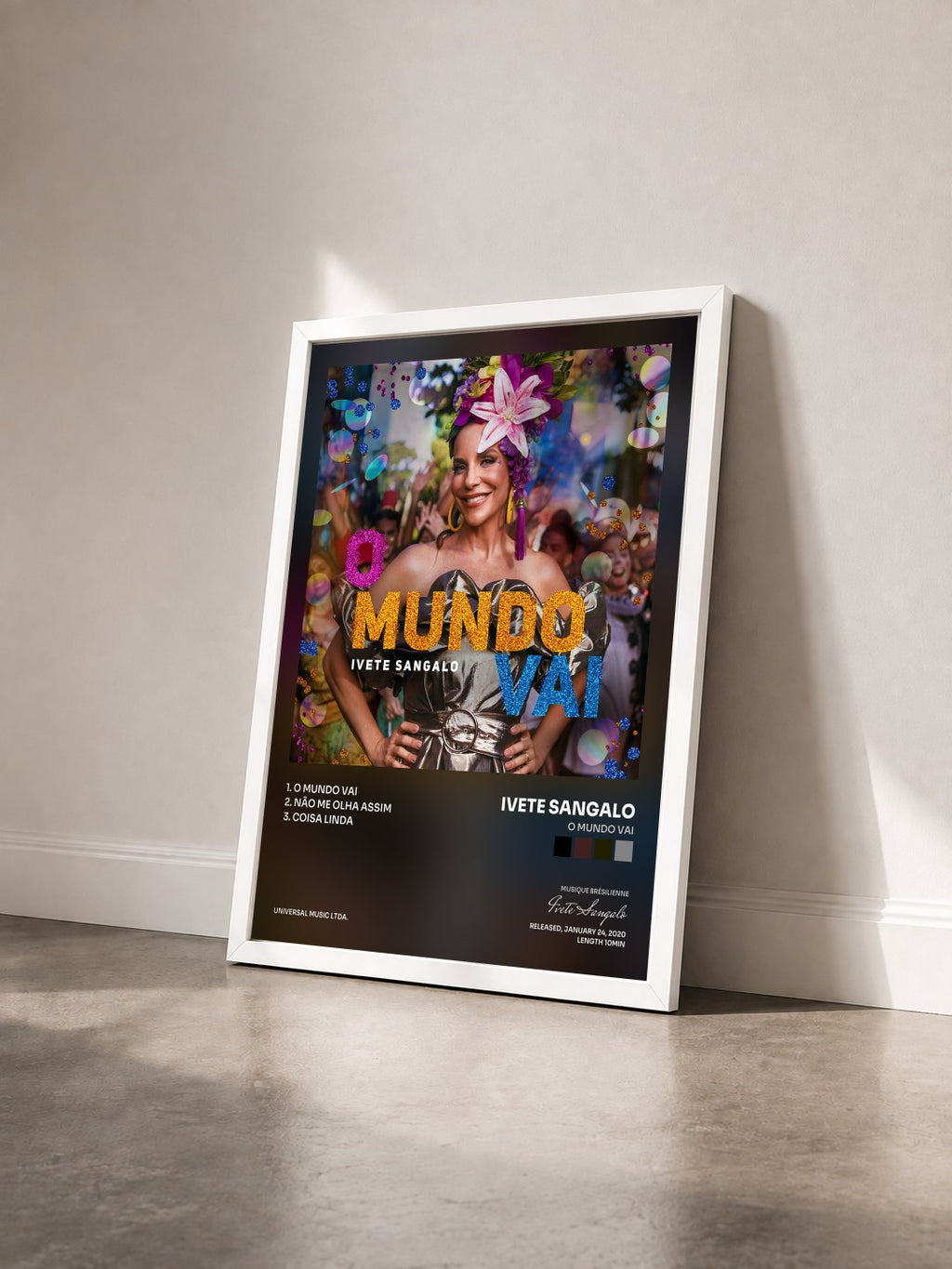 #blanc Tableau de l'album O Mundo Vai de Ivete Sangalo vu de trois quarts, cadre blanc
