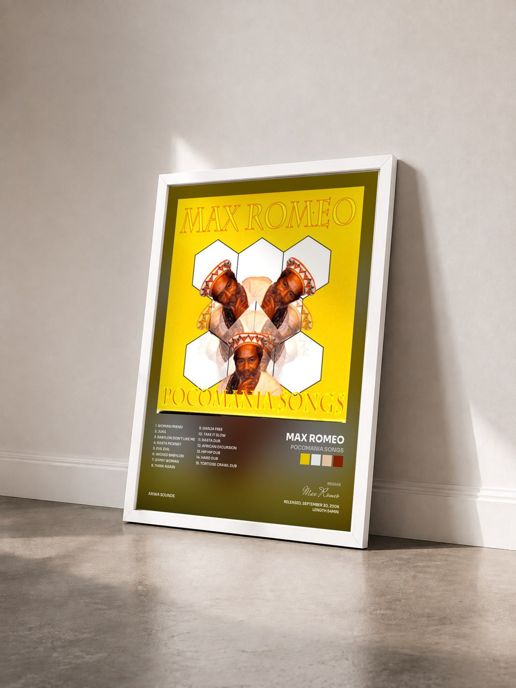 #blanc Tableau de l'album Pocomania Songs de Max Romeo vu de trois quarts, cadre blanc