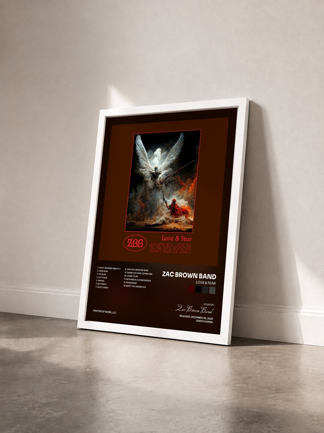 #blanc Tableau de l'album Love & Fear de Zac Brown Band vu de trois quarts, cadre blanc