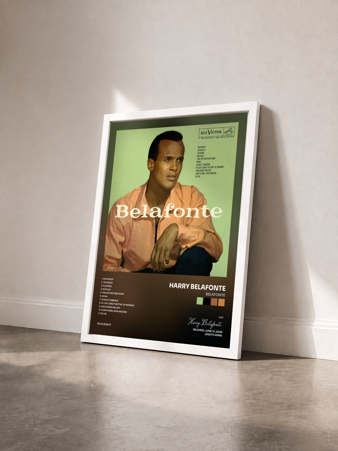 #blanc Tableau de l'album Belafonte de Harry Belafonte vu de trois quarts, cadre blanc