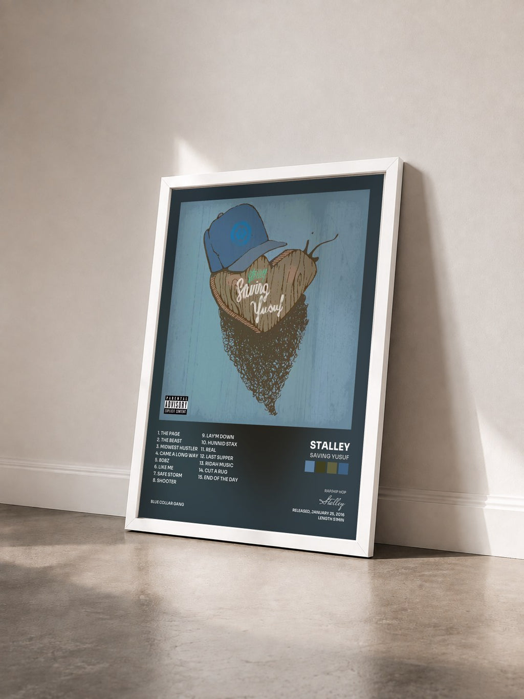 #blanc Tableau de l'album Saving Yusuf de Stalley vu de trois quarts, cadre blanc