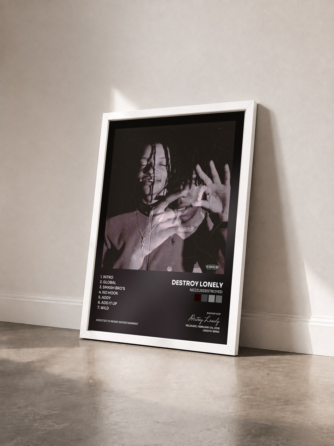#blanc Tableau de l'album NezzusDestroyed de Destroy Lonely vu de trois quarts, cadre blanc