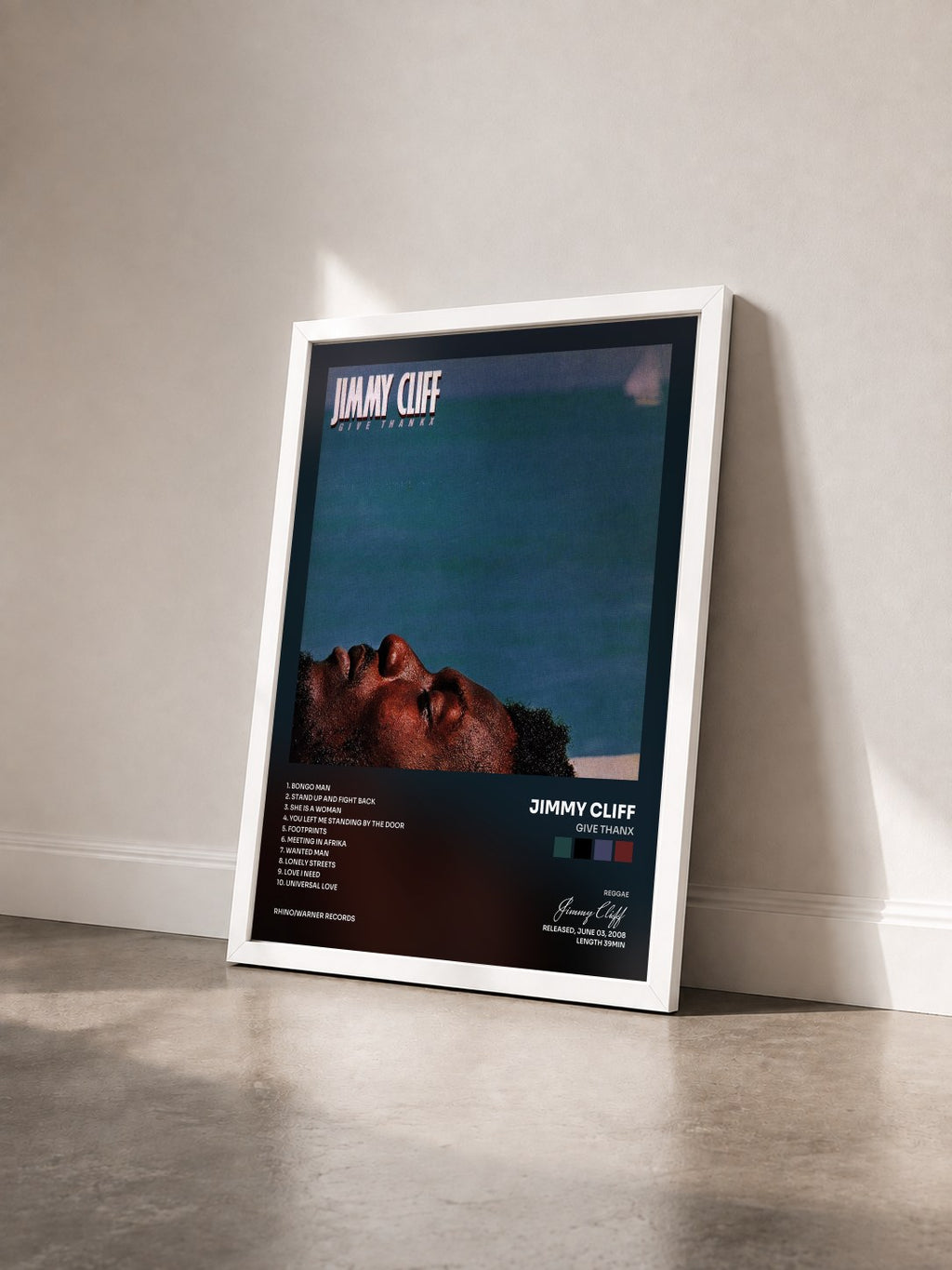 #blanc Tableau de l'album Give Thanx de Jimmy Cliff vu de trois quarts, cadre blanc