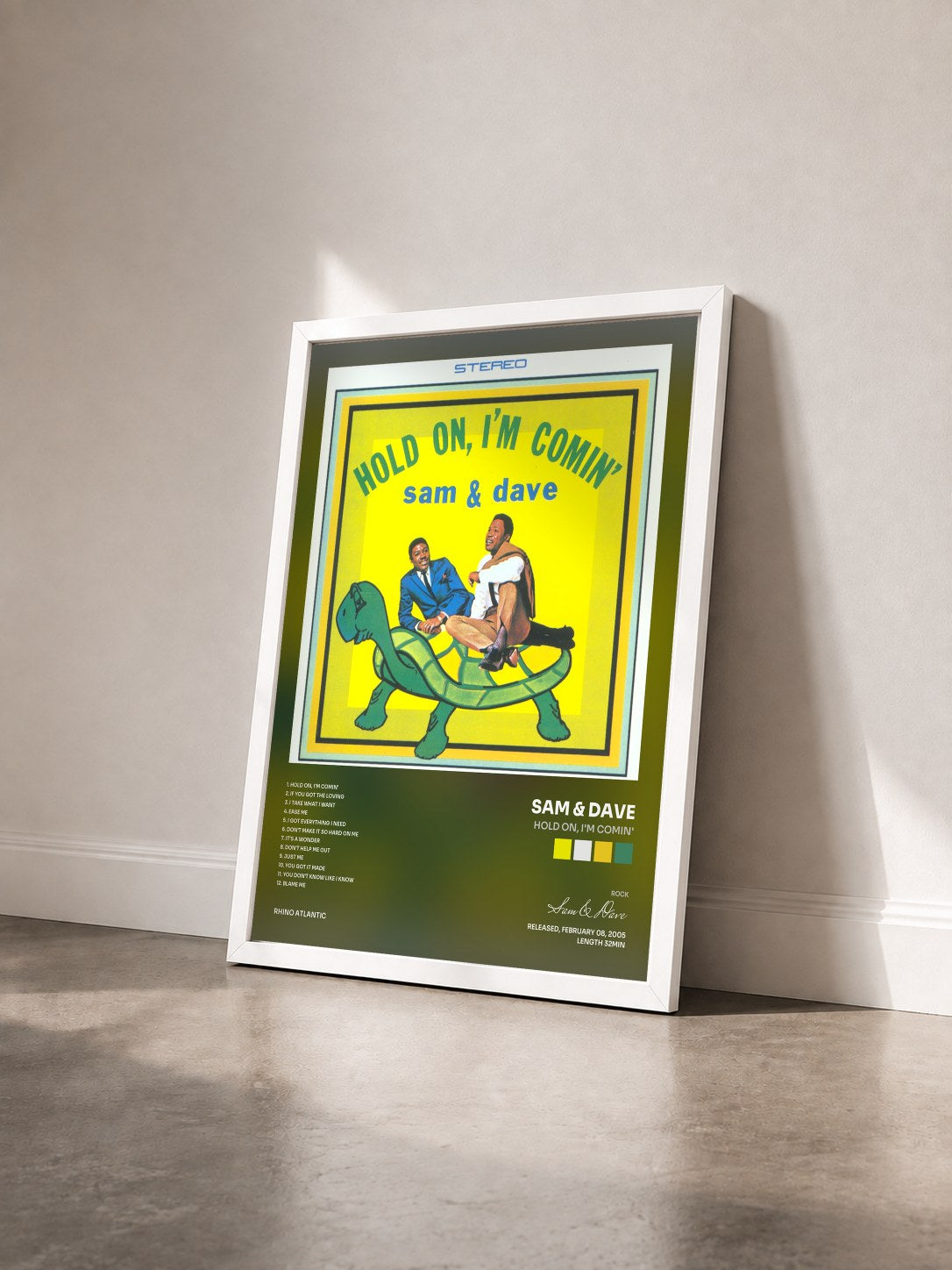 #blanc Tableau de l'album Hold On, I'm Comin' de Sam & Dave vu de trois quarts, cadre blanc