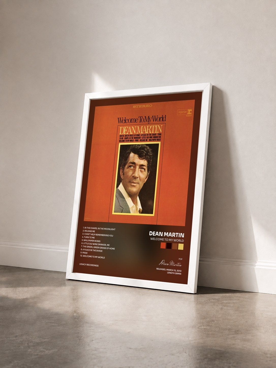 #blanc Tableau de l'album Welcome to My World de Dean Martin vu de trois quarts, cadre blanc