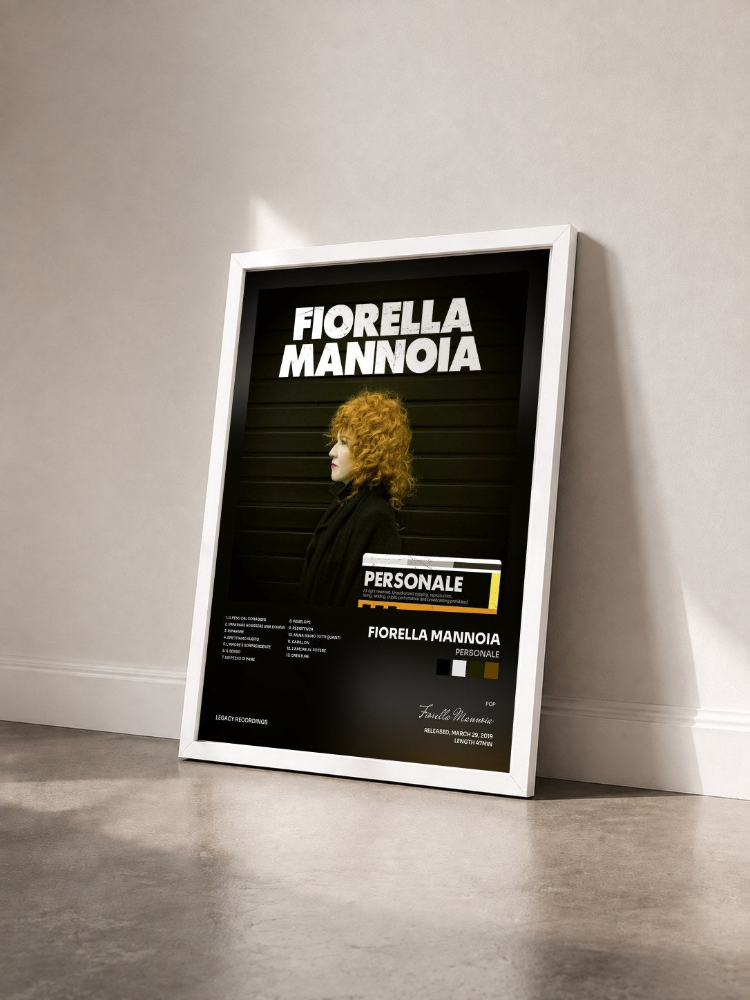 #blanc Tableau de l'album Personale de Fiorella Mannoia vu de trois quarts, cadre blanc