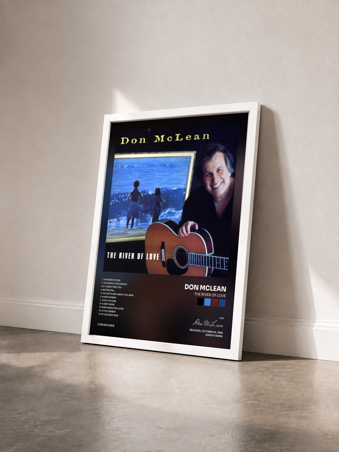 #blanc Tableau de l'album The River Of Love de Don McLean vu de trois quarts, cadre blanc