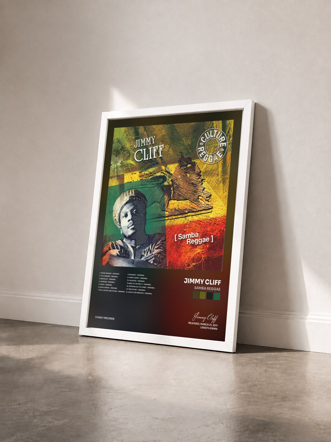 #blanc Tableau de l'album Samba Reggae de Jimmy Cliff vu de trois quarts, cadre blanc