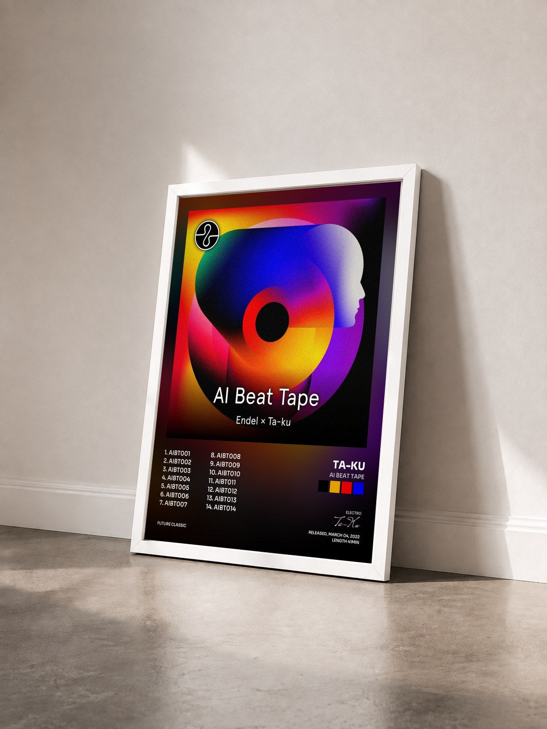 #blanc Tableau de l'album AI Beat Tape de Ta-Ku vu de trois quarts, cadre blanc
