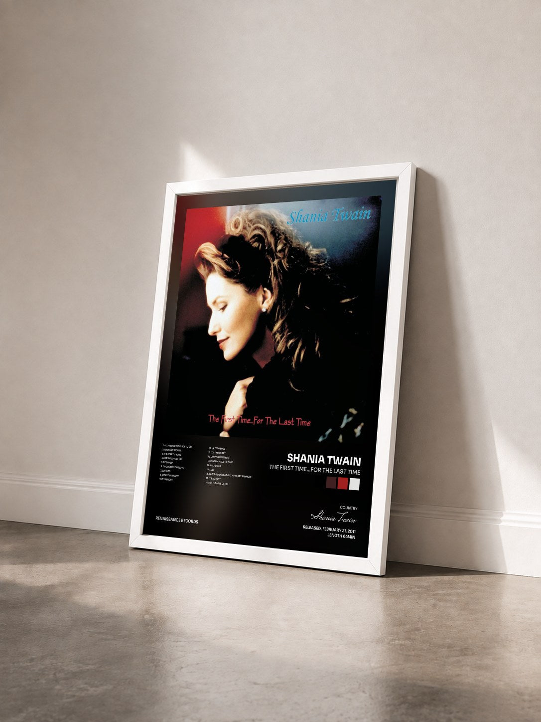 #blanc Tableau de l'album The First Time...For The Last Time de Shania Twain vu de trois quarts, cadre blanc