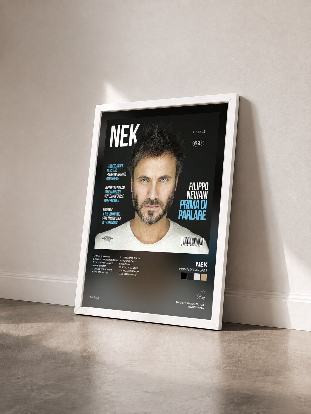 #blanc Tableau de l'album Prima di parlare de Nek vu de trois quarts, cadre blanc