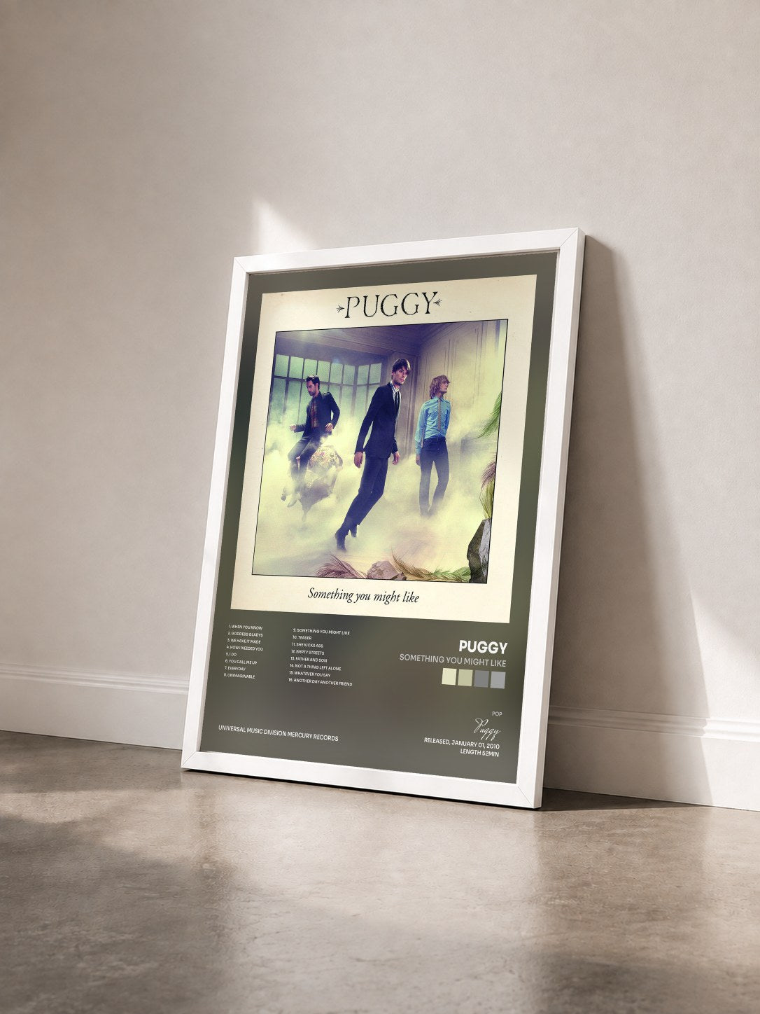 #blanc Tableau de l'album Something You Might Like de Puggy vu de trois quarts, cadre blanc