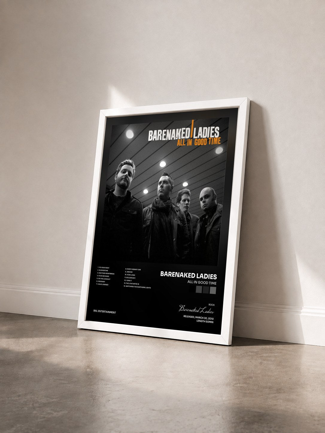 #blanc Tableau de l'album All In Good Time de Barenaked Ladies vu de trois quarts, cadre blanc