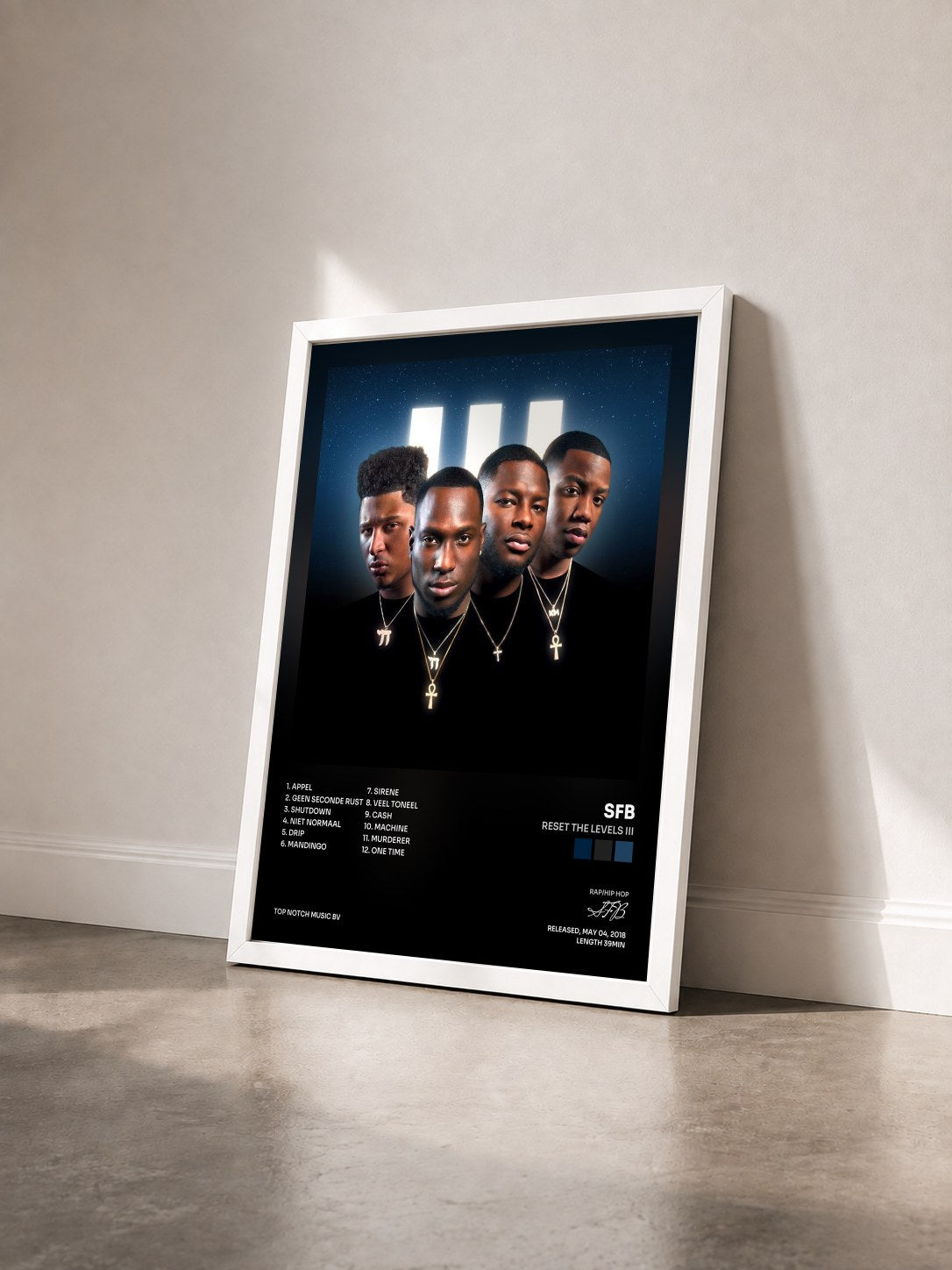 #blanc Tableau de l'album Reset The Levels III de SFB vu de trois quarts, cadre blanc
