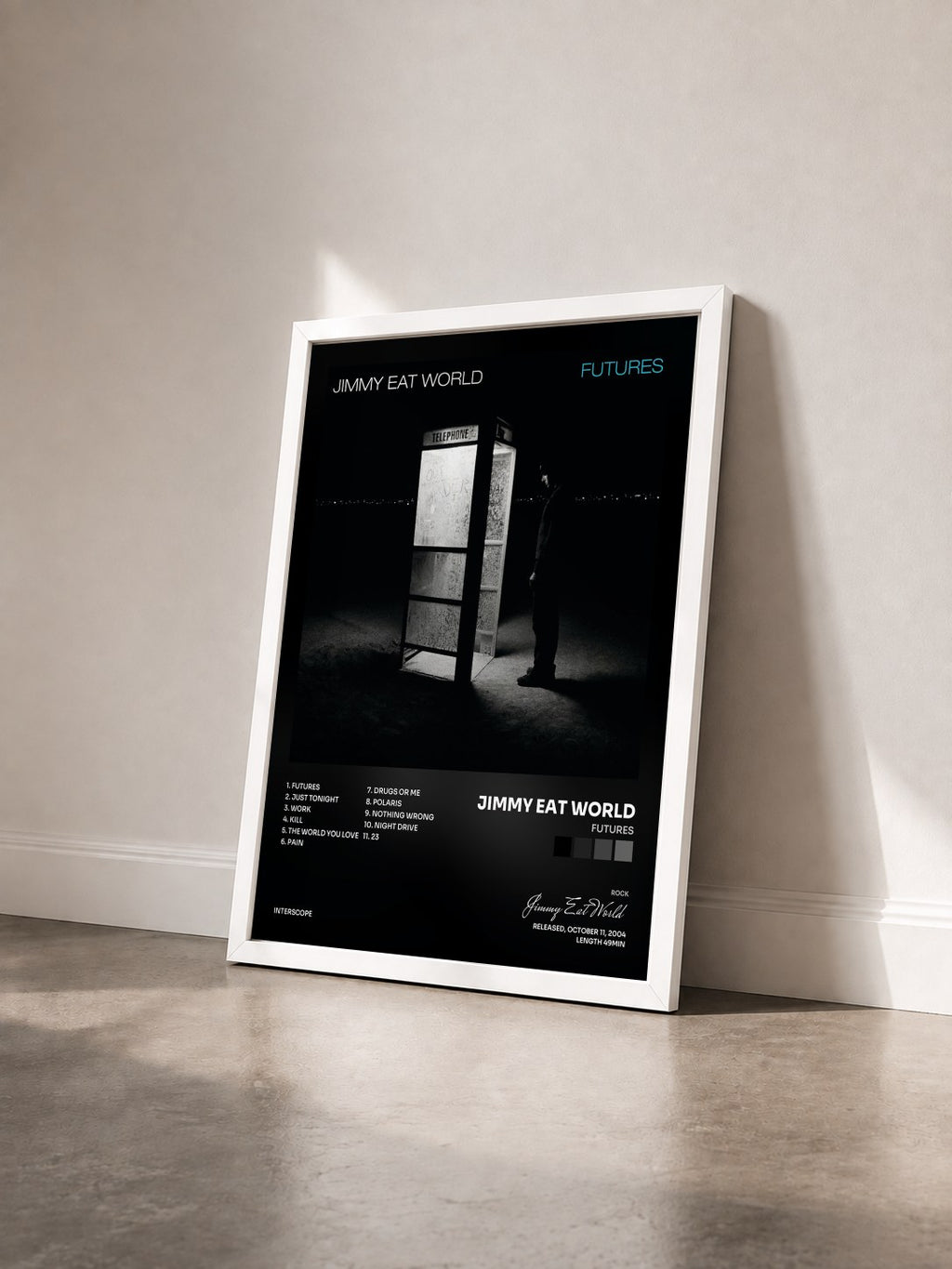 #blanc Futures by Jimmy Eat World as a framed art print seen at an angle, white frame