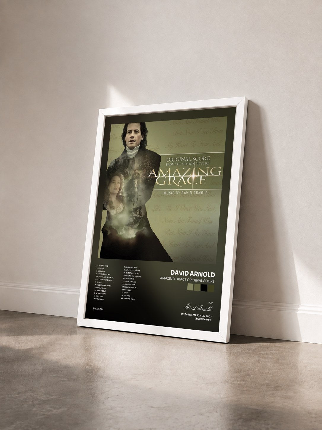 #blanc Tableau de l'album Amazing Grace Original Score de David Arnold vu de trois quarts, cadre blanc