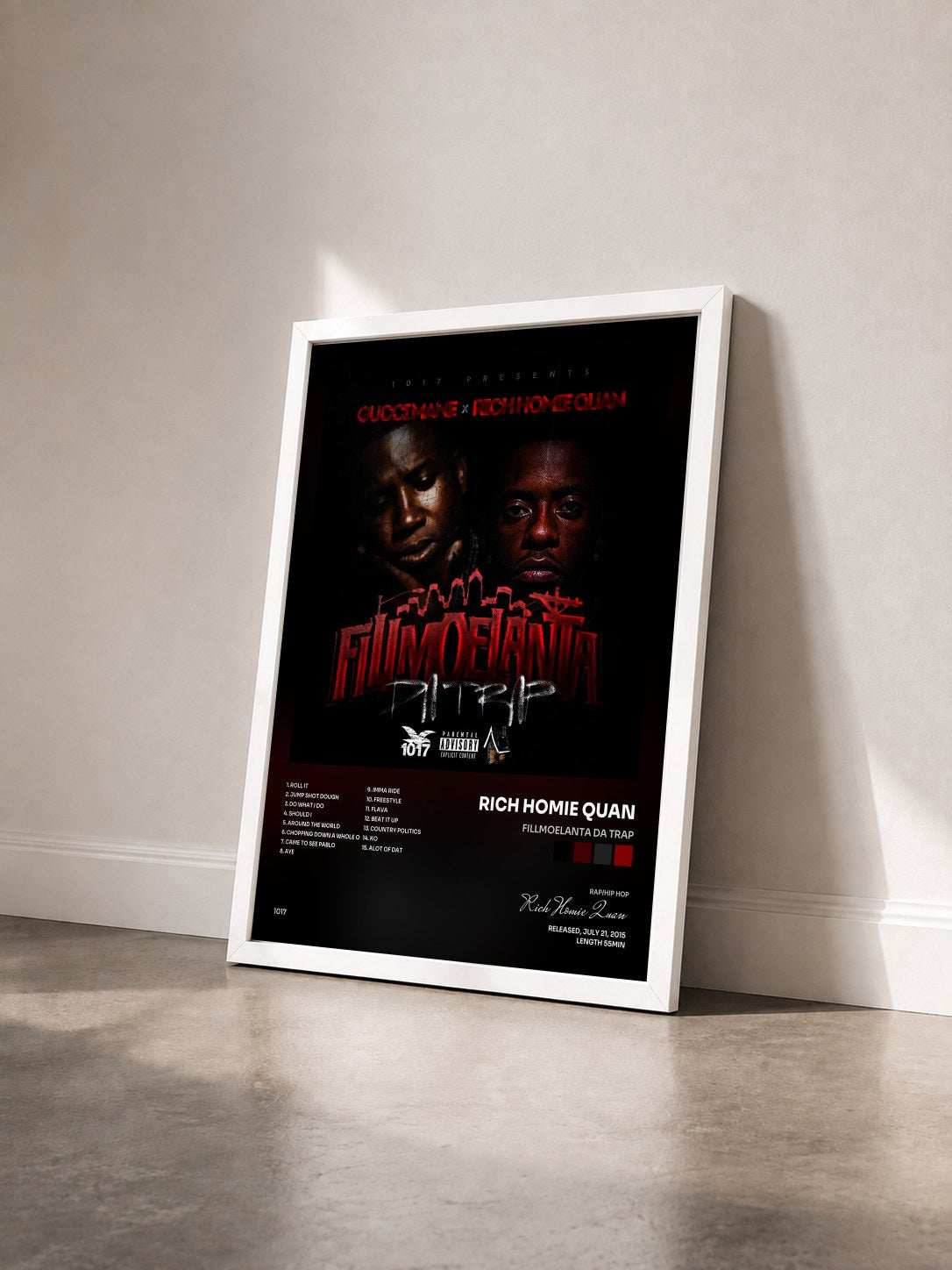 #blanc Tableau de l'album Fillmoelanta da Trap de Rich Homie Quan vu de trois quarts, cadre blanc