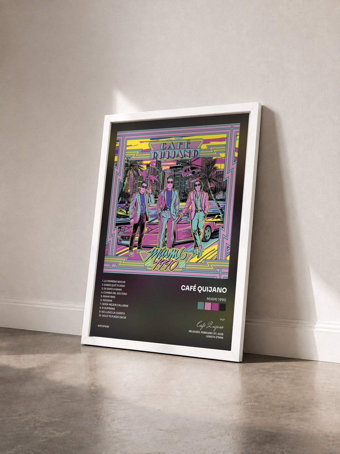 #blanc Tableau de l'album Miami 1990 de Café Quijano vu de trois quarts, cadre blanc