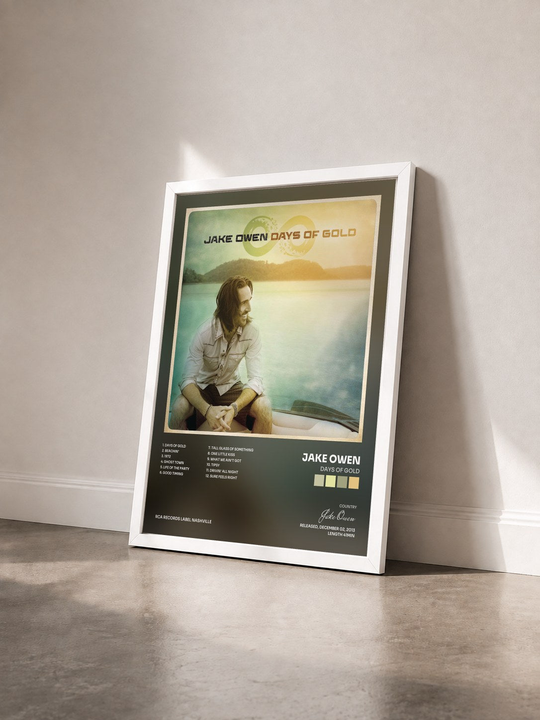 #blanc Tableau de l'album Days of Gold de Jake Owen vu de trois quarts, cadre blanc