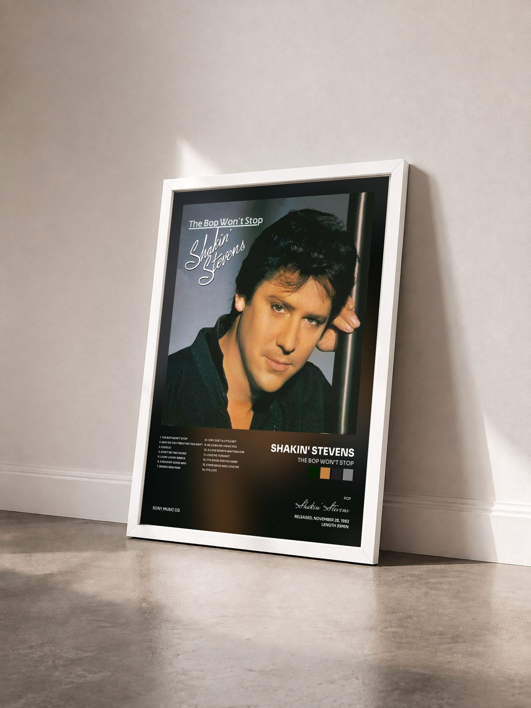 #blanc Tableau de l'album The Bop Won't Stop de Shakin' Stevens vu de trois quarts, cadre blanc