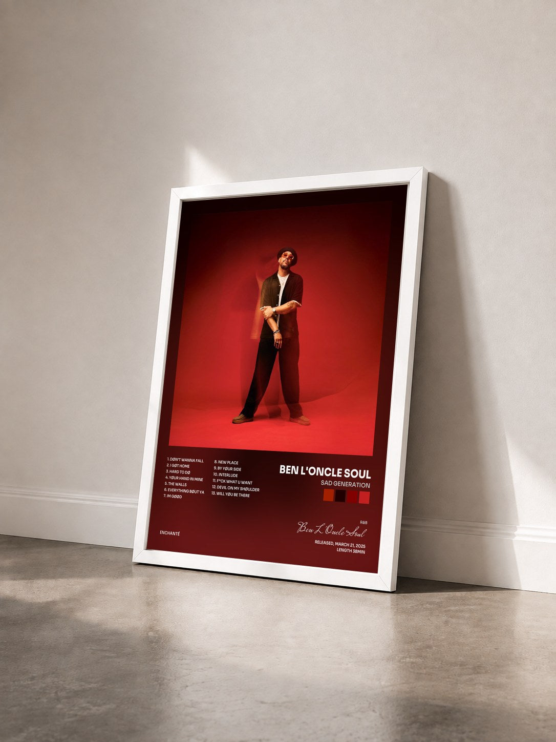 #blanc Tableau de l'album SAD GENERATION de Ben L'Oncle Soul vu de trois quarts, cadre blanc