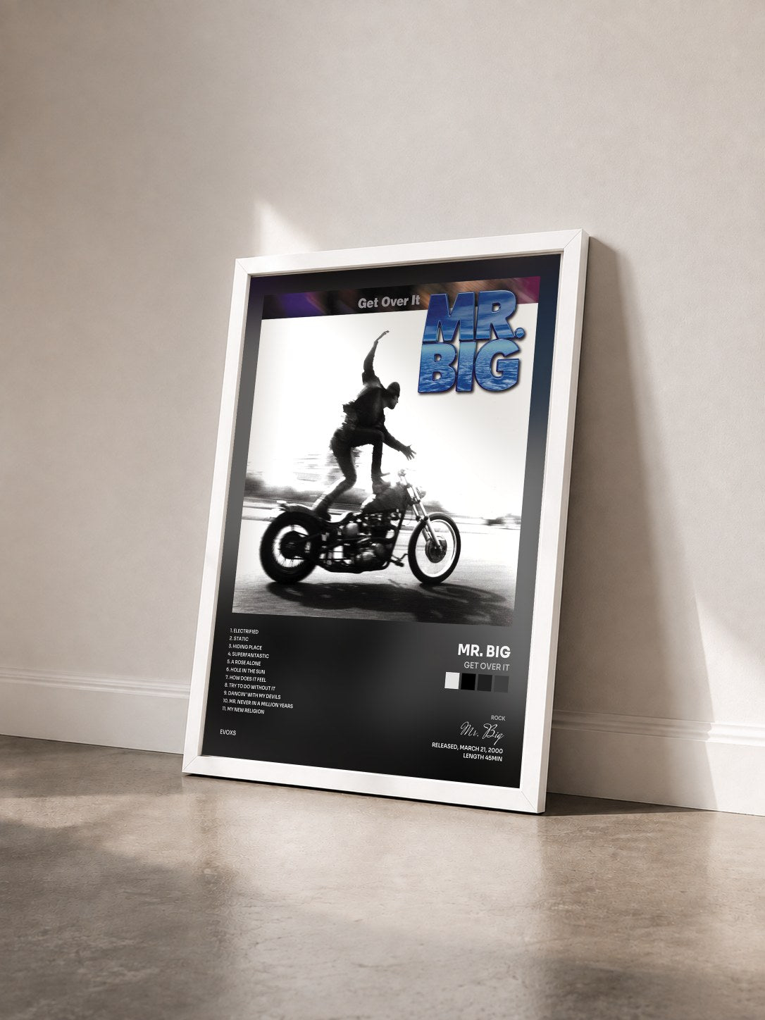 #blanc Tableau de l'album Get Over It de Mr. Big vu de trois quarts, cadre blanc