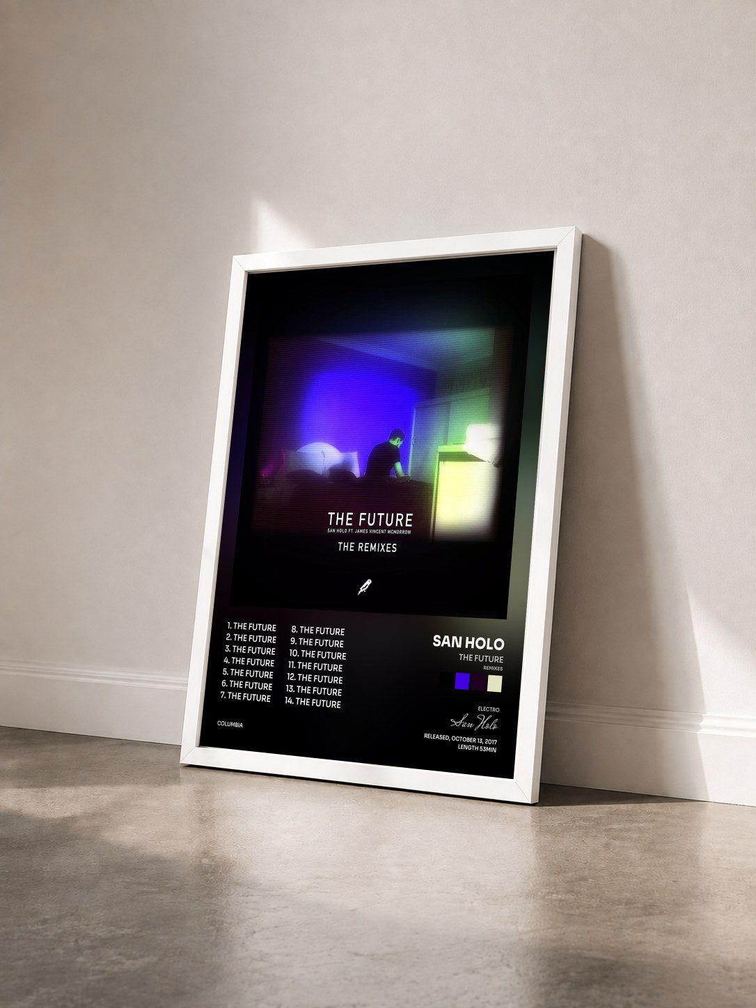 #blanc Tableau de l'album The Future (Remixes) de San Holo vu de trois quarts, cadre blanc