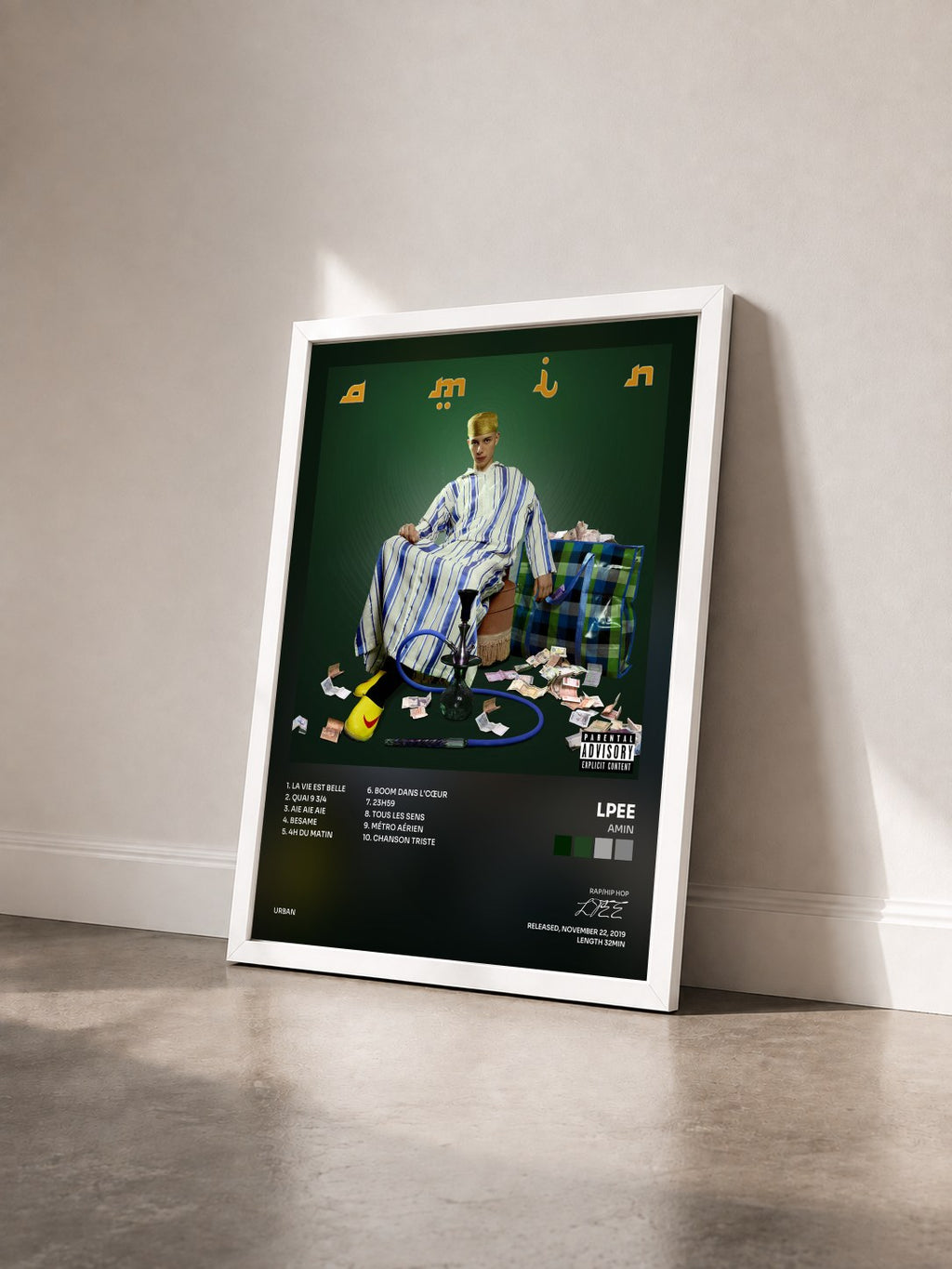 #blanc Amin by LPEE as a framed art print seen at an angle, white frame