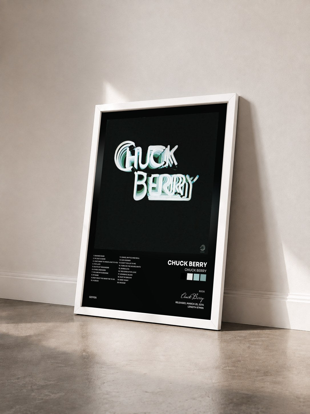 #blanc Tableau de l'album Chuck Berry de Chuck Berry vu de trois quarts, cadre blanc