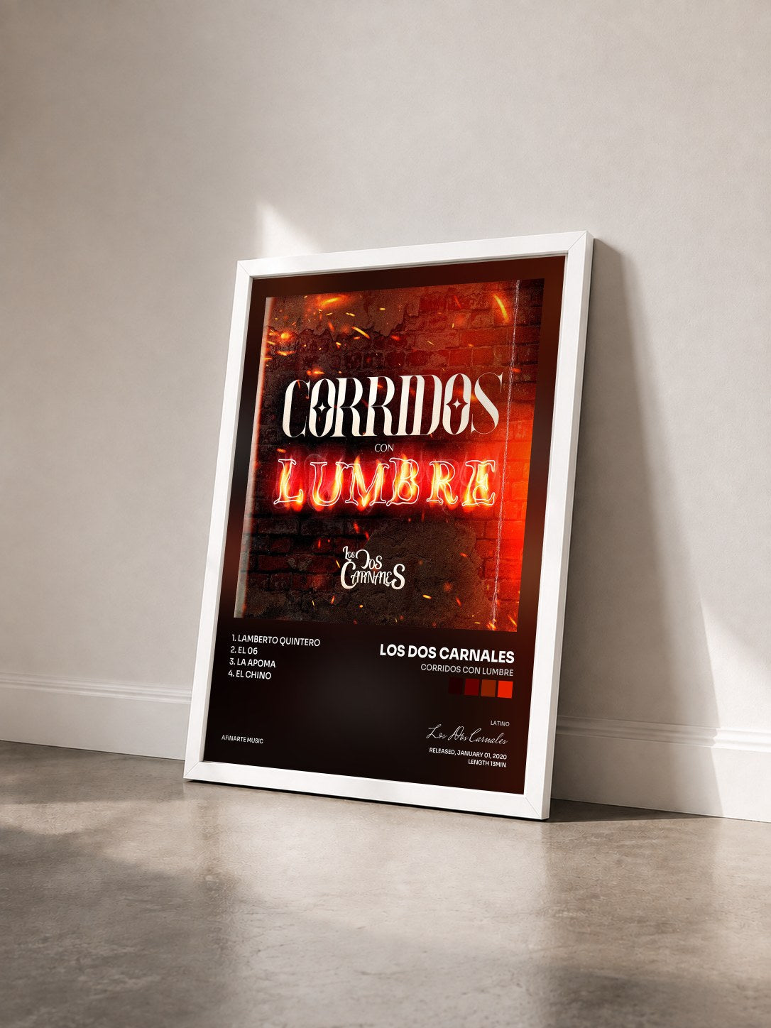 #blanc Tableau de l'album Corridos Con Lumbre de Los Dos Carnales vu de trois quarts, cadre blanc