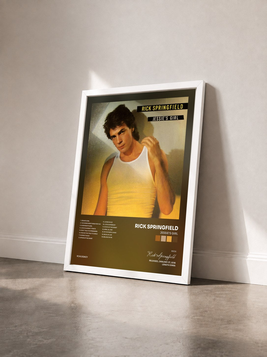#blanc Tableau de l'album Jessie's Girl de Rick Springfield vu de trois quarts, cadre blanc