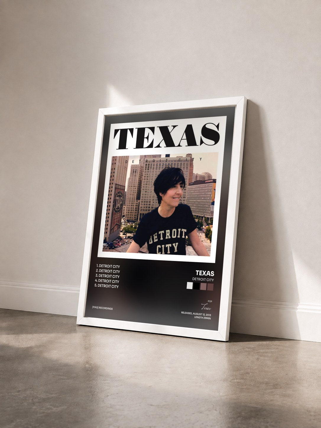 #blanc Tableau de l'album Detroit City de Texas vu de trois quarts, cadre blanc