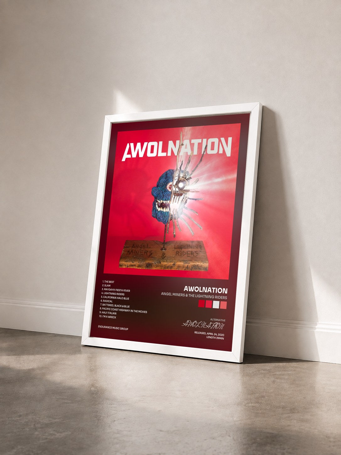 #blanc Tableau de l'album Angel Miners & The Lightning Riders de AWOLNATION vu de trois quarts, cadre blanc